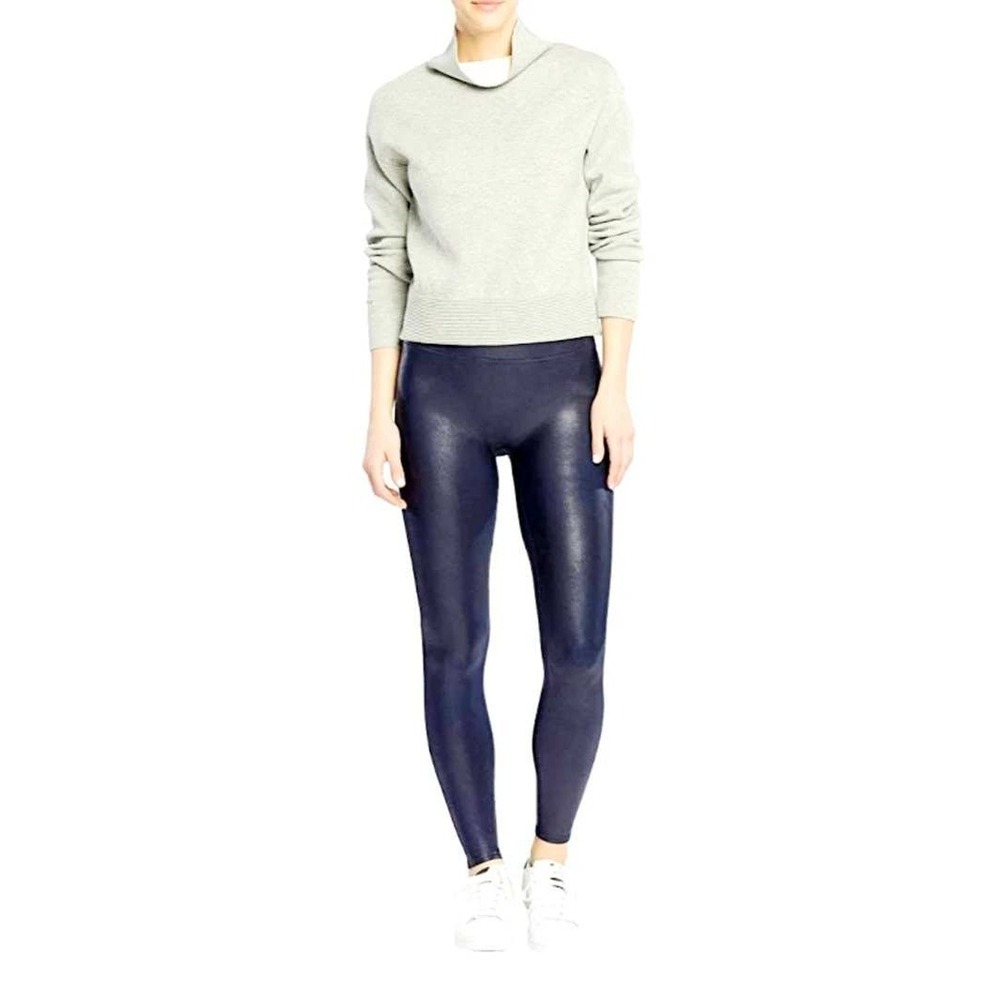 Spanx Faux Leather Leggings Navy Blue High Waisted Shaper Slimming 20191R Womens
